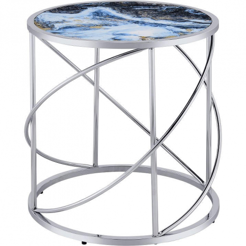 Lyda End Table in Blue Marble Print & Chrome Finish