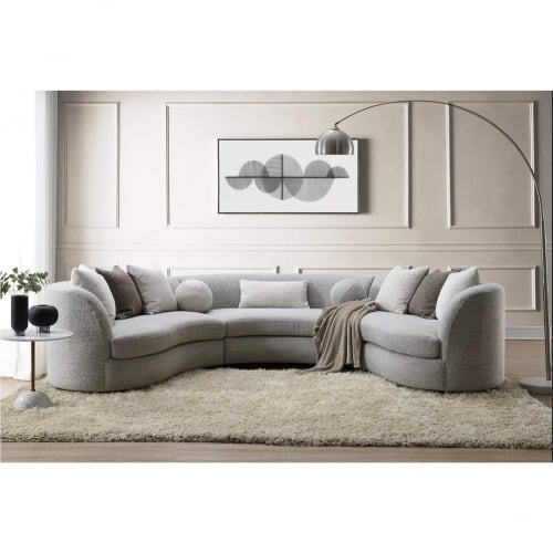 Ivria Curved Sectional Sofa w/ 9 Pillows in Gray Boucle Fabric