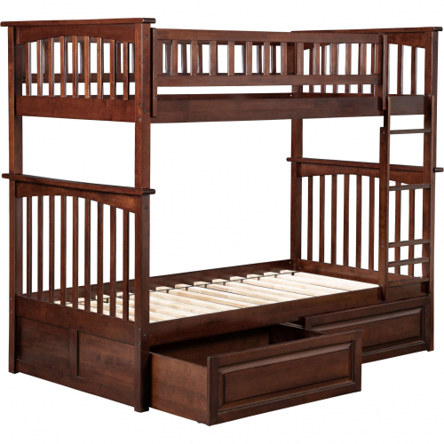 Columbia Bunk Bed Twin Over Twin w/ 2 Raised Panel Drawers in Antique Walnut