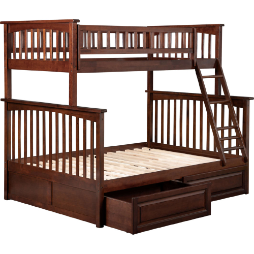 Columbia Bunk Bed Twin Over Full w/ 2 Raised Panel Drawers in Antique Walnut