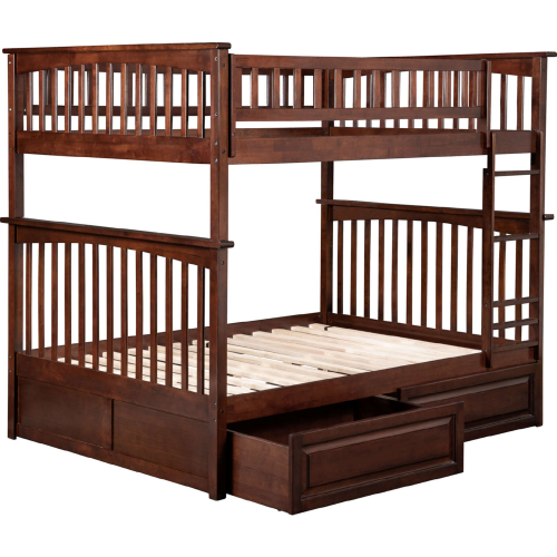 Columbia Bunk Bed Full Over Full w/ 2 Raised Panel Bed Drawers in Antique Walnut