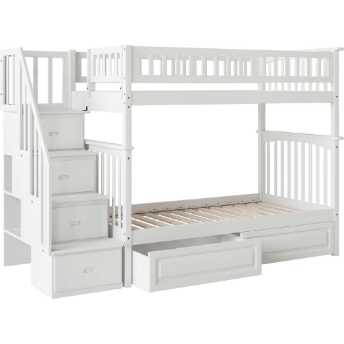 Columbia Staircase Bunk Bed Twin Over Twin w/ 2 Raised Panel Drawers in White