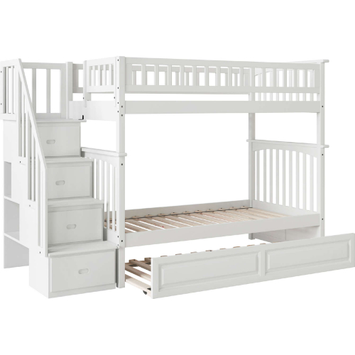 Columbia Staircase Bunk Bed Twin Over Twin w/ Raised Panel Trundle in White