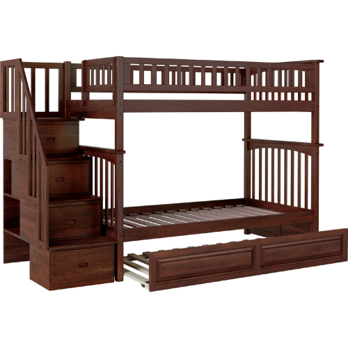 Columbia Staircase Bunk Bed Twin Over Twin w/ Raised Panel Trundle in Antique Walnut