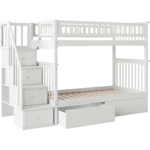 Columbia Staircase Bunk Bed Twin Over Twin w/ Urban Bed Drawers in White