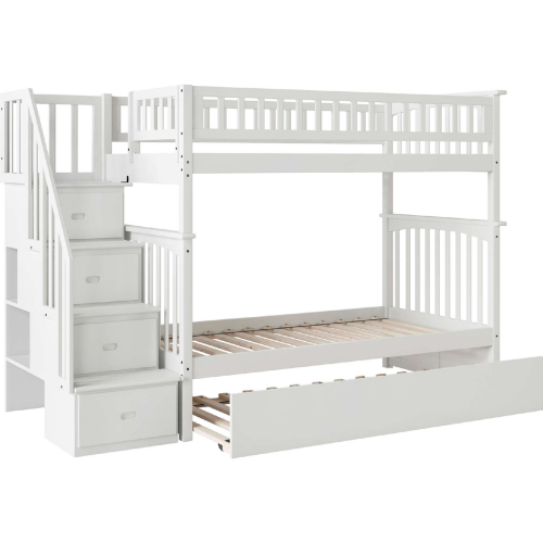 Columbia Staircase Bunk Bed Twin Over Twin w/ Urban Trundle Bed in White