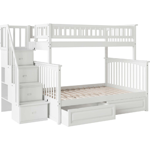 Columbia Staircase Bunk Bed Twin Over Full w/ 2 Raised Panel Drawers in White