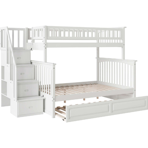 Columbia Staircase Bunk Bed Twin Over Full w/ Raised Panel Trundle in White