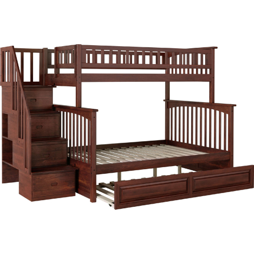 Columbia Staircase Bunk Bed Twin Over Full w/ Raised Panel Trundle in Antique Walnut