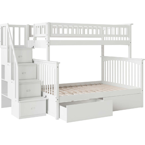 Columbia Staircase Bunk Bed Twin Over Full w/ Urban Bed Drawers in White