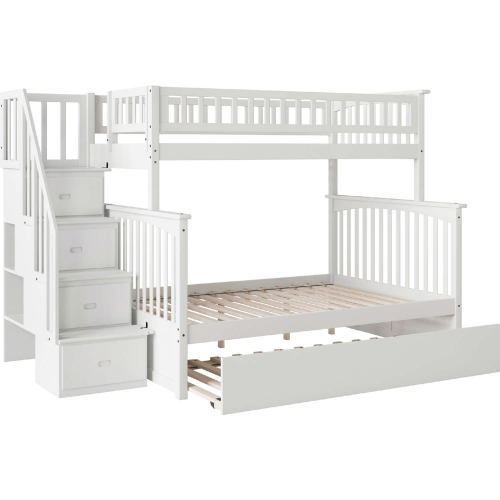 Columbia Staircase Bunk Bed Twin Over Full w/ Urban Trundle Bed in White