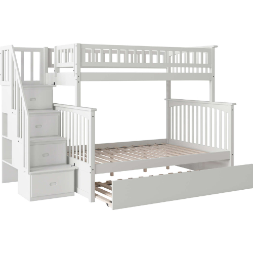 Columbia Staircase Bunk Bed Twin Over Full & Full Urban Trundle Bed in White