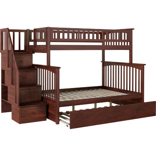 Columbia Staircase Bunk Bed Twin Over Full & Full Urban Trundle Bed in Walnut