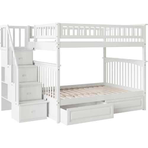 Columbia Staircase Bunk Bed Full Over Full w/ 2 Raised Panel Bed Drawers in White