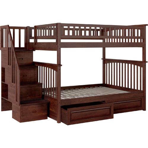 Columbia Staircase Bunk Bed Full Over Full w/ 2 Raised Panel Bed Drawers in Antique Walnut