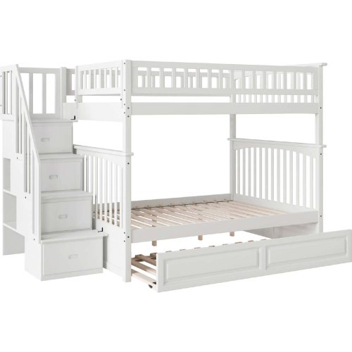 Columbia Staircase Bunk Bed Full Over Full w/ Raised Panel Trundle in White