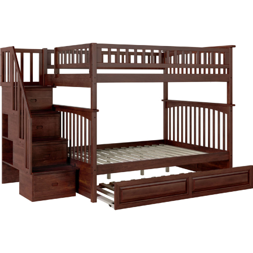 Columbia Staircase Bunk Bed Full Over Full w/ Raised Panel Trundle in Antique Walnut