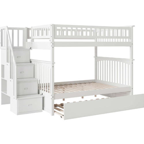 Columbia Staircase Bunk Bed Full Over Full w/ Urban Trundle Bed in White