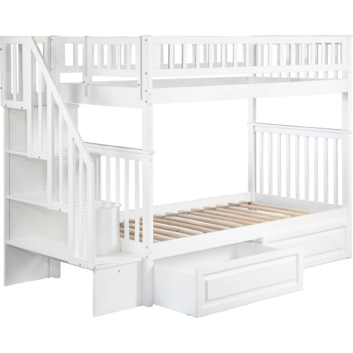 Woodland Staircase Bunk Bed Twin Over Twin w/ 2 Raised Panel Drawers in White