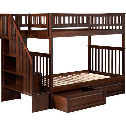 Woodland Staircase Bunk Bed Twin Over Twin w/ 2 Raised Panel Drawers in Antique Walnut