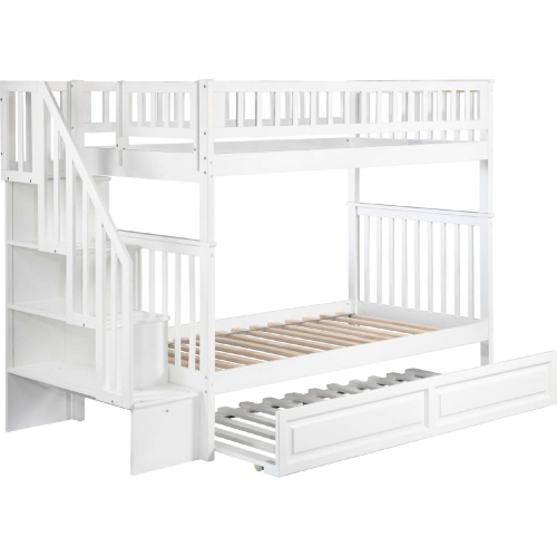 Woodland Staircase Bunk Bed Twin Over Twin w/ Raised Panel Trundle in White