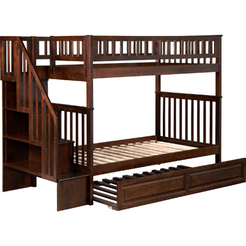 Woodland Staircase Twin over Twin Bunk Bed with Raised Panel Trundle in Antique Walnut