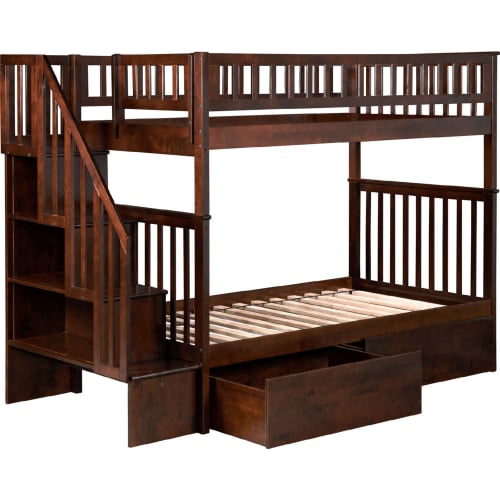 Woodland Staircase Bunk Bed Twin Over Twin w/ 2 Urban Lifestyle Drawers in Antique Walnut