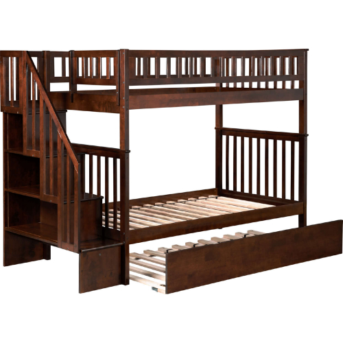 Woodland Staircase Bunk Bed Twin Over Twin w/ Urban Lifestyle Trundle in Antique Walnut