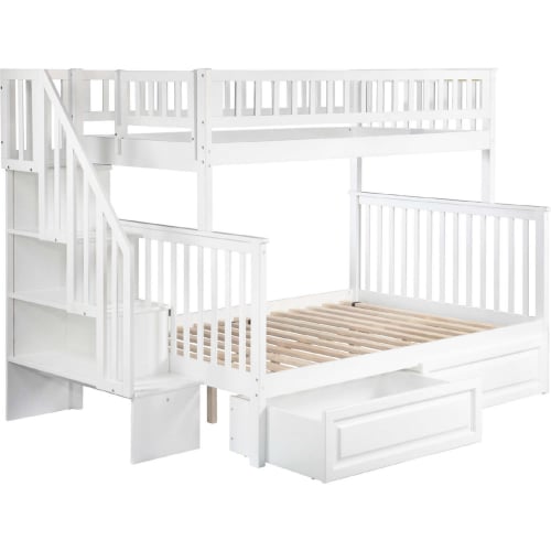 Woodland Staircase Twin over Full Bunk Bed with 2 Raised Panel Drawers in White