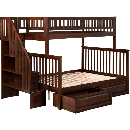 Woodland Staircase Bunk Bed Twin Over Full w/ 2 Raised Panel Drawers in Antique Walnut