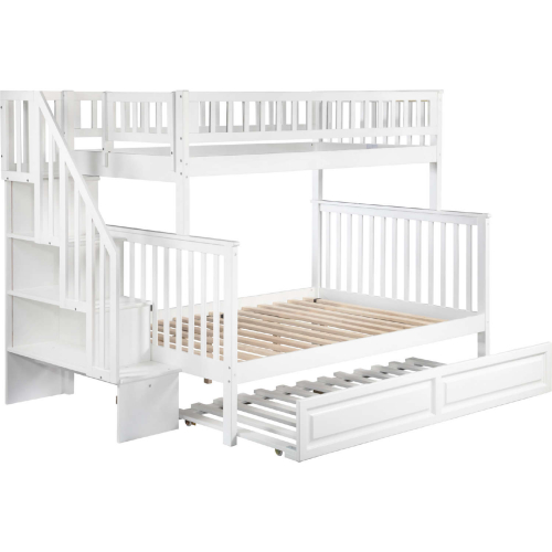 Woodland Staircase Bunk Bed Twin Over Full w/ Twin Raised Panel Trundle in White