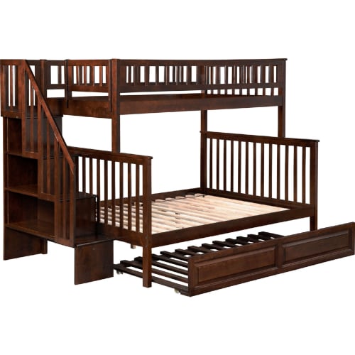 Woodland Staircase Twin over Full Bunk Bed with Twin Raised Panel Trundle in Antique Walnut