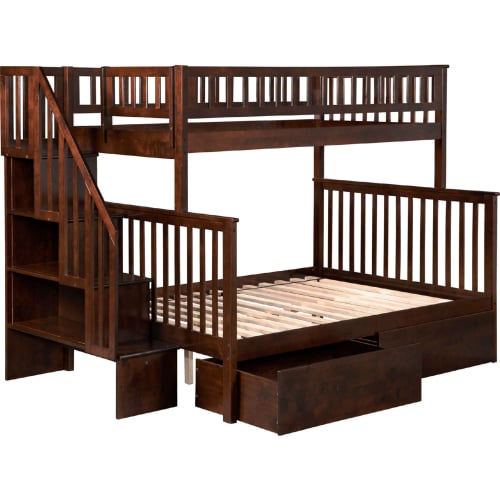 Woodland Staircase Bunk Bed Twin Over Full w/ 2 Urban Lifestyle Drawers in Antique Walnut