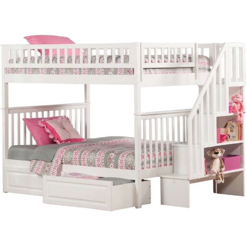 Woodland Staircase Bunk Bed Full Over Full w/ 2 Raised Panel Bed Drawers in White