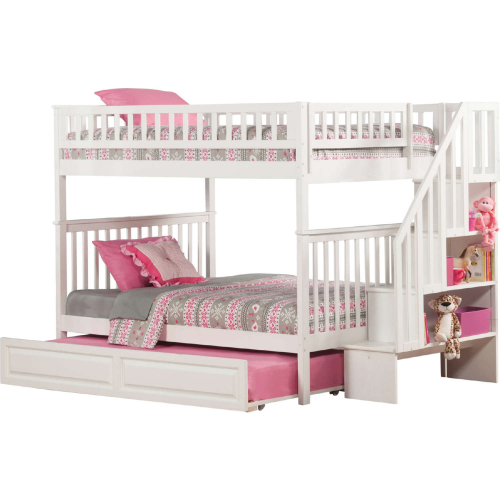 Woodland Staircase Full over Full Bunk Bed with Twin Raised Panel Trundle in White