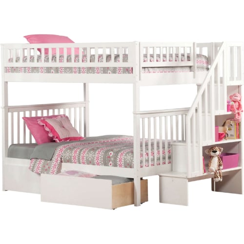 Woodland Staircase Bunk Bed Full Over Full w/ 2 Urban Lifestyle Bed Drawers in White