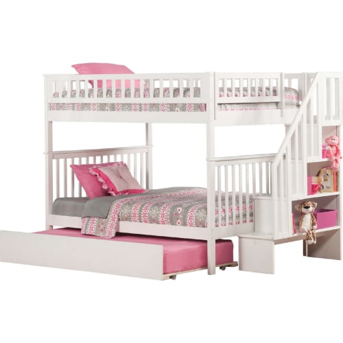 Woodland Staircase Full over Full Bunk Bed with Twin Urban Lifestyle Trundle in White