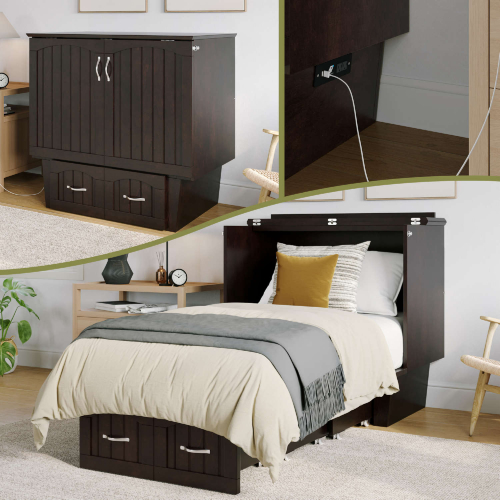 Sydney Twin Murphy Bed Chest w/ Storage Drawer & Charging Station in Espresso  Finish Wood