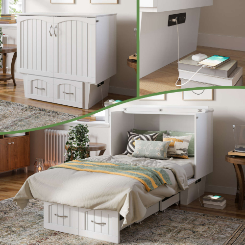 Sydney Twin Murphy Bed Chest w/ Storage Drawer & Charging Station in White  Finish Wood