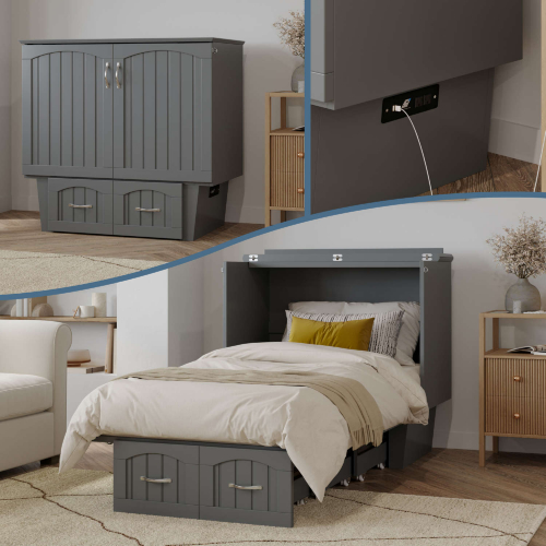 Sydney Twin Murphy Bed Chest w/ Storage Drawer & Charging Station in Grey  Finish Wood