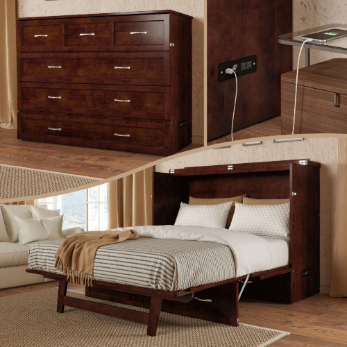 Deerfield Full Murphy Bed Chest with Charging Station in Antique Walnut Finish