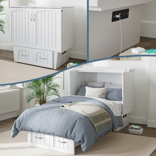 Nantucket Twin Murphy Bed Chest w/ Charging Station & Coolsoft Mattress in White