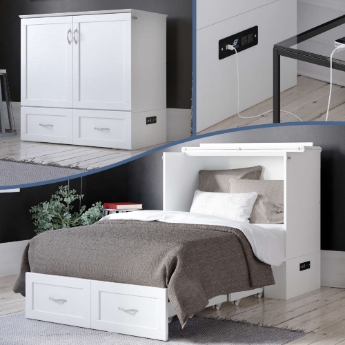 Hamilton Twin XL Murphy Bed Chest w/ Charging Station in White Finish