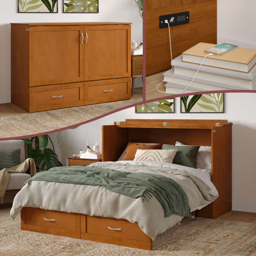 Hamilton Full Murphy Bed Chest w/ Mattress, Storage & Charger in Light Toffee