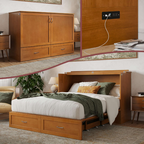 Hamilton Queen Murphy Bed Chest w/ Mattress, Storage & Charger in Light Toffee