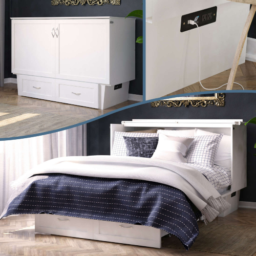 Monroe Queen Murphy Bed Chest w/ Charging Station & Mattress in White