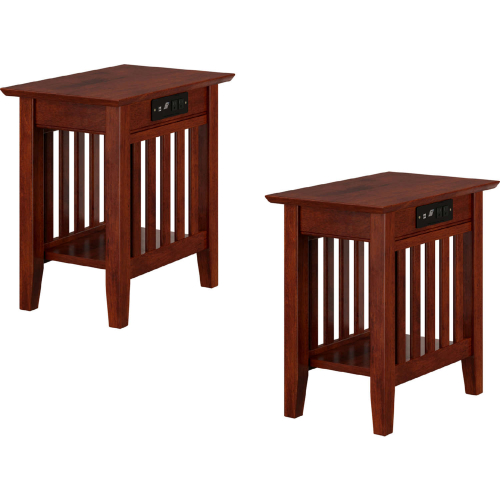 Mission Side Table w/ USB Charger in Walnut Finish Solid Wood (Set of 2)