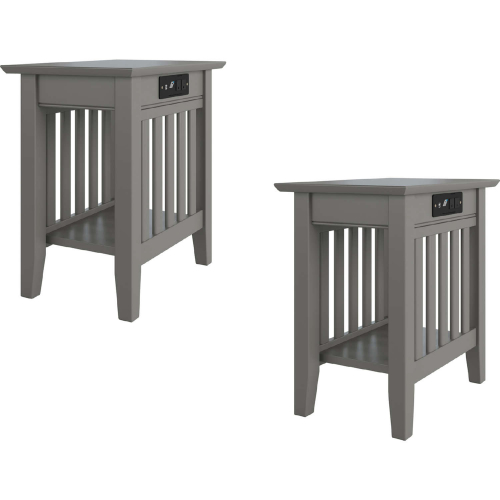 Mission Side Table w/ USB Charger in Grey Finish Solid Wood (Set of 2)