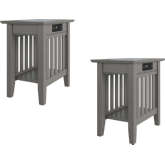 Mission Side Table w/ USB Charger in Grey Finish Solid Wood (Set of 2)