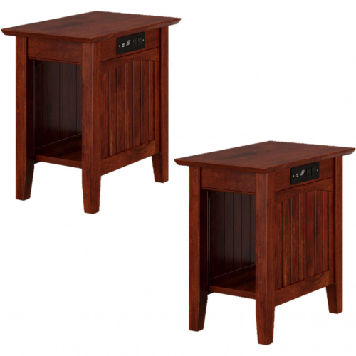 Nantucket Side Table w/ USB Charger in Walnut Finish Solid Wood (Set of 2)